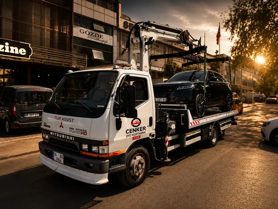 Cenker Oto Kurtarma'nın ahtapot çekici aracı, platformunda taşınan araçla Ankara'da yolda