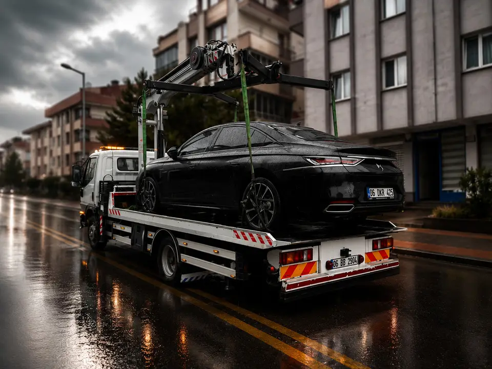 Yağmurlu havada ahtapot çekici platformunda güvenle taşınan araç